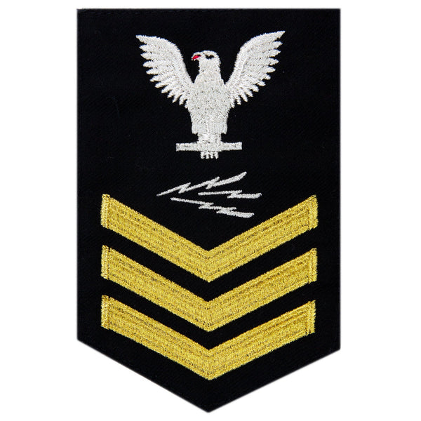 USN Male Rating Badge: E6 Information Systems Technician (IT) - Standard Seaworthy Gold on Blue for Enlisted Service Dress & Dinner Dress Blue uniform. Gold chevrons indicate 12 years of consecutive good conduct.