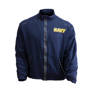 US NAVY Physical Fitness Jacket. This blue nylon jacket features a zip front closure, fold-down collar, back & underarm vents, zip pockets with storm flaps, and barrel-lock drawstring waist. Details include non-reflective NAVY letters on upper left chest & center back, with silver reflective piping along front zip, pockets, shoulders and back sleeve seams. 100% Nylon. Genuine, Official Military Navy (PT) Physical Training Uniform. Made in U.S.A.