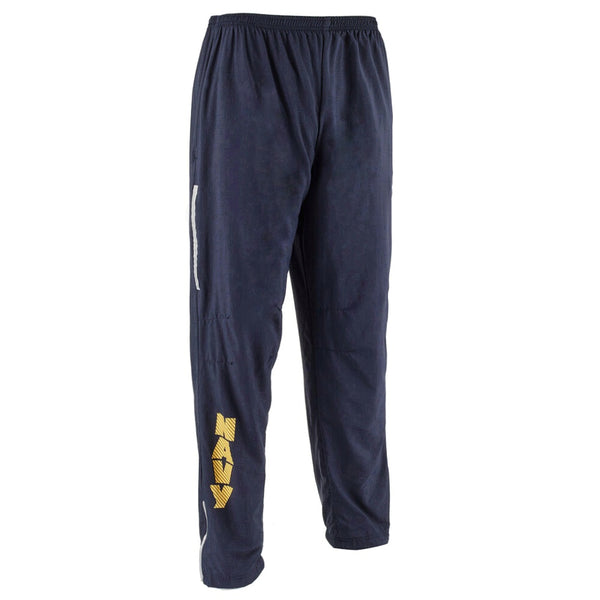 NAVY Physical Fitness Pant. US NAVY Physical Fitness Pants. Blue nylon pants are fully lined with an elastic waist with draw cord, side seam air vents with silver reflective piping, and 2 side pockets. Details include vertical yellow gold non-reflective NAVY logo on right leg. Genuine, Official Military Navy (PT) Physical Training Uniform. Made in U.S.A.