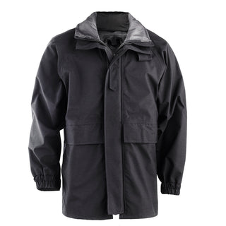 NAVY Black Cold Weather Parka. US NAVY Black Cold Weather Parka (CWP) Jacket. Black Nylon Gore-Tex Coat in unisex sizing features 2-way zip front closure with rain flap, rolled hood stored in zippered collar, rank tab, 2 front cargo & upper hand-warmer pockets, inner chest pocket, rain-protective back drop tail, adjustable drawstring hem, velcro cuffs & factory-sealed seams for secure weather protection. Genuine, Official Military Navy Uniform. Made in U.S.A.