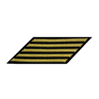 US NAVY Hash Marks, Male Service Stripes Chief Petty Officer: set of five - Seaworthy Gold & Blue for (SDB) Service Dress Blue Uniform. Embroidered Gold on Blue polyester wool fabric. - Male CPO hashmarks service stripes measure 7" long x 3/8" wide. - Made in the USA.