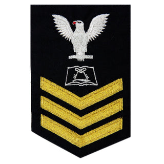 USN Male Rating Badge: E6 Culinary Specialist (CS) - Standard Seaworthy Gold on Blue for Enlisted Service Dress & Dinner Dress Blue uniform. Gold chevrons indicate 12 years of consecutive good conduct.