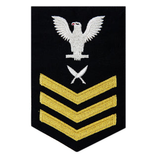 USN Male Rating Badge: E6 Yeoman (YN) - Standard Seaworthy Gold on Blue for Enlisted Service Dress & Dinner Dress Blue uniform. Gold chevrons indicate 12 years of consecutive good conduct.