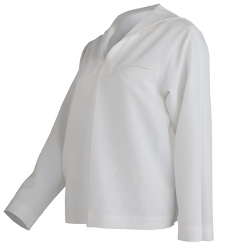 NAVY Women's Enlisted Dress White Jumper Top. This jumper style is the U.S. Navy's jumper style for Enlisted Sailors up to 2015, and not for active duty personnel. Pullover shirt features open neck with square sailor collar, two welt-style front chest pockets, and plain sleeve cuffs. USN Female Service Dress White Jumper is plain white with no side zipper, button cuffs, or blue piping details. White 100% Polyester CNT (Certified Navy Twill). Genuine, Official USN Military-Issue Uniform. Made in the U.S.A.