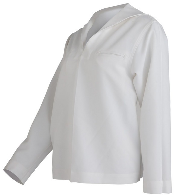 USN Woman/Female Enlisted Service Dress White Jumper, Retired style. U.S. Navy's jumper style decommissioned in 2015. Pullover shirt features open neck with square sailor collar, two welt-style front chest pockets, and plain sleeve cuffs. Jumper is plain white with no side zipper, button cuffs, or blue piping details. White 100% Polyester CNT (Certified Navy Twill). Genuine, Official USN Military-Issue Uniform. Made in the U.S.A.