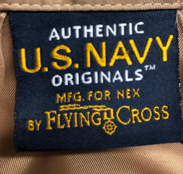 US NAVY Men's Service Khaki Poly Wool Shirt label: Authentic U.S. NAVY Originals tm Manufactured for NEX by Flying Cross.