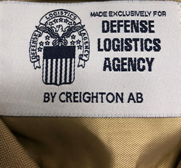 USN Male Navy Service Uniform (SU) Khaki Shirt label. Made Exclusively For Defense Logistics Agency by Creighton AB.