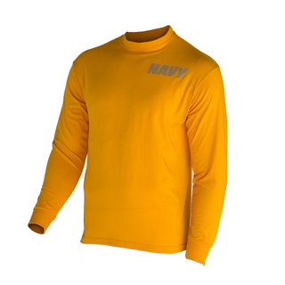 NAVY PTU Yellow Long Sleeve Tshirt made by New Balance. It's bold, it's gold and it's high performance (not guaranteed to make you run faster, is guaranteed to make you look cooler). Be the envy of morning formation in this New Balance shirt.  Standard crew neck tee design in high performance fabric with NAVY silver reflective logo on left chest and at back.  - Unisex sizing - Fabric: Yellow Gold 84% Meryl Nylon, 16% Lycra. Made in the USA.