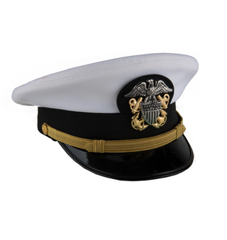 US NAVY WO/LCDR Combination Dress Cap with White CNT or Cotton Twill Cover. Assembled Frame with Cover, Navy Officer Crest Hi-Relief Cap Device, Officer Cap Elastic Band Mount, Poromeric Visor, USN Gold Screwcap Buttons, Gold Mylar Chinstrap. Navy approved wear for Dress & Service Khakis Summer White Uniforms. Made in U.S.A.