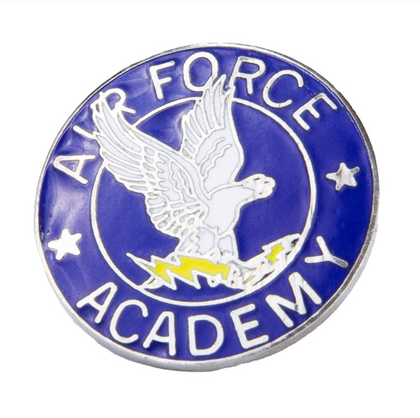 US Military USAF Air Force Academy Pin. Enamel finish features white eagle with yellow gold lightning bolt design on blue background.  - Measures 1-inch diameter - Genuine, Official Military item. - Made in the USA - Condition: Good, pre-owned/gently used unless marked as NEW.