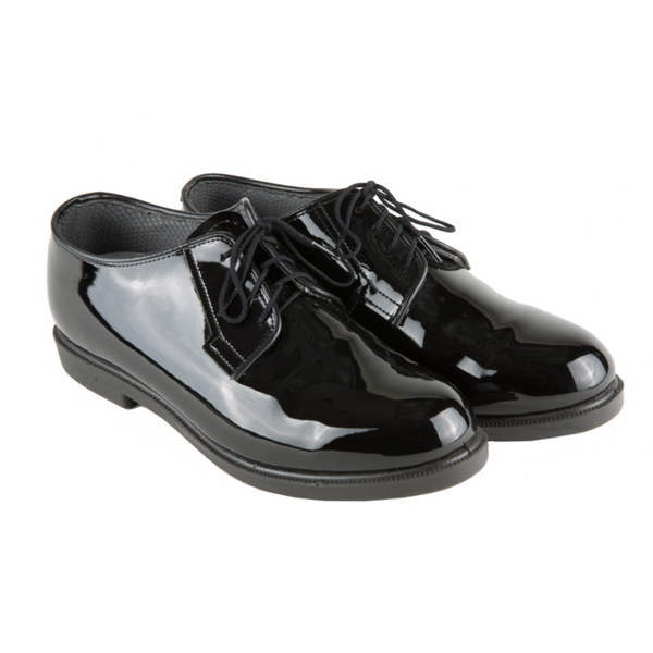 Female Black Hi-Gloss Oxford Shoes. These oxfords feature an easy to clean leather upper, removable cushioned insert, moisture wicking lining, and DuraShocks outsole with shock absorbing comfort technology.  - Brand: Bates Lites - Style# 742 - Upper: Man Made Materials - Sole: Synthetic sole, heel approx 1.25" high - Navy approved wear with (SDB) Dress Blue and (SDW) White, and Service Khaki Uniforms for Enlisted and Dress Blues & Service Khakis for E7-O10. - Made in the USA