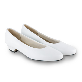 Women's Dress Pumps - White Leather. USN Female Dress White Leather Pump Shoes with Low to Mid Heel. Heel height: Low heel = 1 1/4-inches, Mid heel = 1 1/2-inches. Leather Upper, Manmade Sole. Padded Sole for Comfort. Approved Optional wear by all U.S. Military Armed Services. Made in the U.S.A.