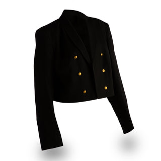 NAVY Women's Dinner Dress Blue Jacket. USN Female Formal Dress Blue Jacket with Gold Buttons. Dinner Dress uniform for female (CO/CPO) Officers & Chief Petty Officers. Short, bolero style with narrow shawl collar. There are three 22.5 line navy eagle buttons down each side of the front, without front closure. Black Polyester-Wool Blend with Gold Buttons. Made in U.S.A.