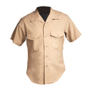 USMC Men's Khaki Short Sleeve Shirt. U.S. Marine Corps Male Khaki Short Sleeved Shirt. The Marine Corps S/S Khaki Shirt is part of the service C uniform (popularly referred to as "charlies") and blue dress D uniforms.Khaki Tan 75% Polyester, 25% Wool blend. Genuine Military-issue uniform. Made in the U.S.A.