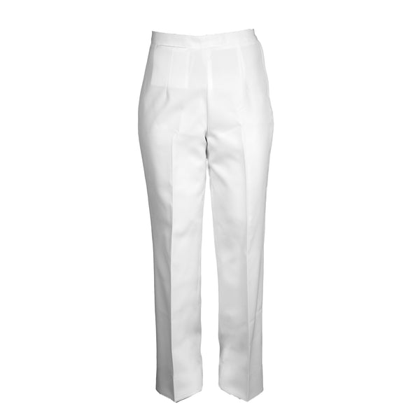 NAVY Women's Service Dress White Unbelted Trousers CO/CPO. US NAVY Female Service Dress White (SDW) Unbelted Pants for Officers/Chief Petty Officers. Features: fore and aft creases, plain waist, left side zipper, and a waistband pocket in the upper right front. All pants are hemmed unless stated otherwise. White 100% Polyester / Certified Navy Twill (CNT). Made in U.S.A. Genuine, Official US Military Navy Uniform.