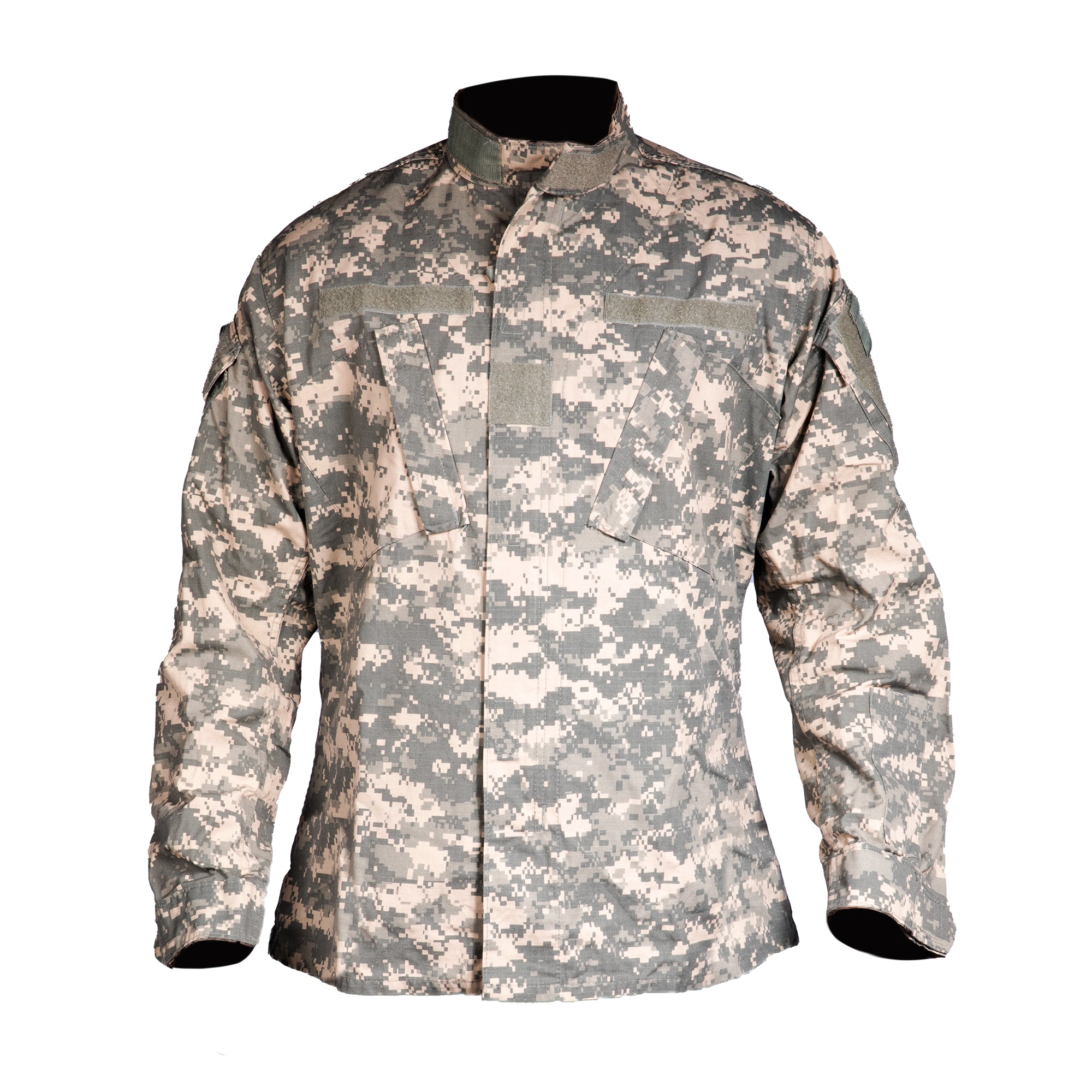 ARMY ACU UCP Coat. Army Combat Uniform Digital Universal Camouflage Pattern Shirt. Features banded/mandarin collar, concealed zipper front with hook/loop closure, 2 front chest & 2 angled shoulder flap pockets, double-layer elbows with space for optional pads, pen pocket on lower sleeve, adjustable wrist cuffs, loop panels for patches, rank and hook badges. Nylon Cotton Ripstop. Genuine Military-issue uniform. Made in the U.S.A.