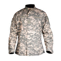 ARMY ACU UCP Coat. Army Combat Uniform Digital Universal Camouflage Pattern Shirt. Features banded/mandarin collar, concealed zipper front with hook/loop closure, 2 front chest & 2 angled shoulder flap pockets, double-layer elbows with space for optional pads, pen pocket on lower sleeve, adjustable wrist cuffs, loop panels for patches, rank and hook badges. Nylon Cotton Ripstop. Genuine Military-issue uniform. Made in the U.S.A.