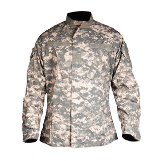 Army Combat Uniform Digital Universal Camouflage Pattern FR Shirt. Military Issued ACU Blouse in Digital UCP. Features banded/mandarin collar, concealed zipper front with hook/loop closure, 2 front chest & 2 angled shoulder flap pockets, double-layer elbows with space for optional pads, pen pocket on lower sleeve, adjustable wrist cuffs, loop panels for patches, rank and hook badges. Nylon Cotton Ripstop. Genuine, Official Military Army Combat Uniform. Made in the U.S.A.
