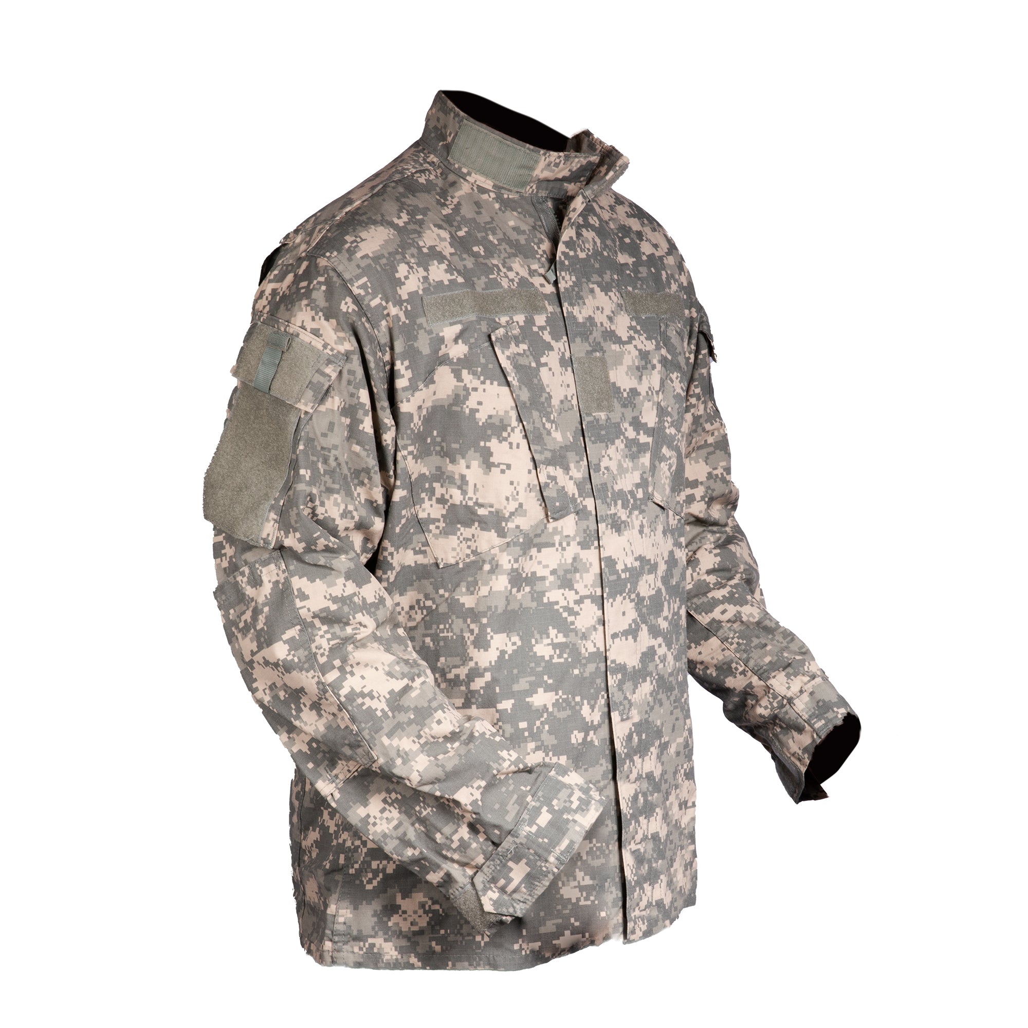 ARMY ACU UCP Coat. Army Combat Uniform Digital Universal Camouflage Pattern Shirt. Features banded/mandarin collar, concealed zipper front with hook/loop closure, 2 front chest & 2 angled shoulder flap pockets, double-layer elbows with space for optional pads, pen pocket on lower sleeve, adjustable wrist cuffs, loop panels for patches, rank and hook badges. Nylon Cotton Ripstop. Genuine Military-issue uniform. Made in the U.S.A.