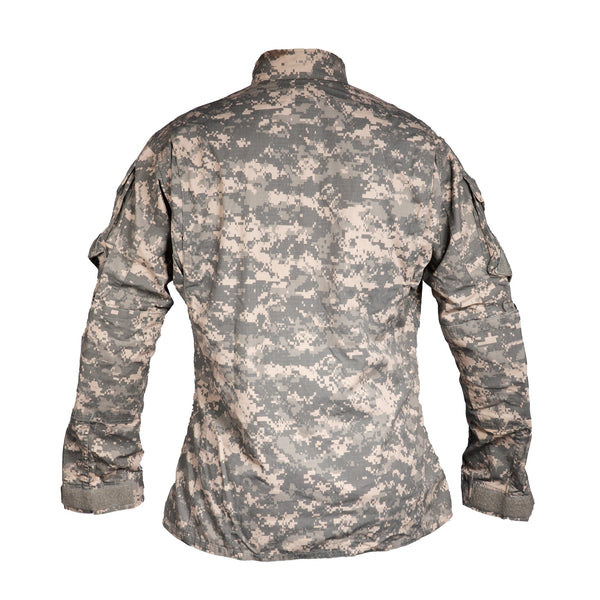 ARMY ACU UCP Coat - Flame Resistant. Army Combat Uniform Digital Universal Camouflage Pattern FR Shirt. Features banded/mandarin collar, concealed zipper front with hook/loop closure, 2 front chest & 2 angled shoulder flap pockets, double-layer elbows with space for optional pads, pen pocket on lower sleeve, adjustable wrist cuffs, loop panels for patches, rank and hook badges. Nylon Cotton Ripstop. Genuine Military-issue uniform. Made in the U.S.A.