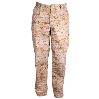 NAVY NWU Type II Desert Digital Trouser. US Navy Type 2 BDU AOR1 Desert Pants in Tan Digital Camouflage. U.S. Navy Working Uniform camo, codenamed AOR1. Feature 4 front fly buttons, elasticized side waist with belt loops, front side pockets, 2 back pockets w/button flaps, 2 side cargo pockets, hem drawstring closures, with reinforced knees and seat. Genuine, Official Military Navy Working Uniform. Tan Digital Desert Camo with USN Insignia. 50/50 Nylon Cotton Ripstop. Made in U.S.A.