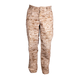 USMC MARPAT Desert Trousers. Marine Corps Combat Utility Uniform (MCCUU) MARPAT Desert Camo Pants. Authentic Standard Issue MCCUU uniform currently worn by the USMC in Marine Pattern sand/tan digi-cammies.  - Genuine, Official Military USMC Uniform - Pattern: Tan/sand Digital Desert Camouflage MARPAT - Fabric: 50% Nylon / 50% Cotton Ripstop treated with permethrin insecticide - Made in U.S.A.