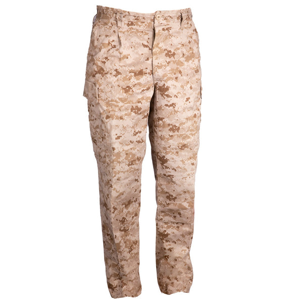 NAVY NWU Type II Desert Digital Trouser. US Navy Type 2 BDU AOR1 Desert Pants in Tan Digital Camouflage. U.S. Navy Working Uniform camo, codenamed AOR1. Feature 4 front fly buttons, elasticized side waist with belt loops, front side pockets, 2 back pockets w/button flaps, 2 side cargo pockets, hem drawstring closures, with reinforced knees and seat. Genuine, Official Military Navy Working Uniform. Tan Digital Desert Camo with USN Insignia. 50/50 Nylon Cotton Ripstop. Made in U.S.A.