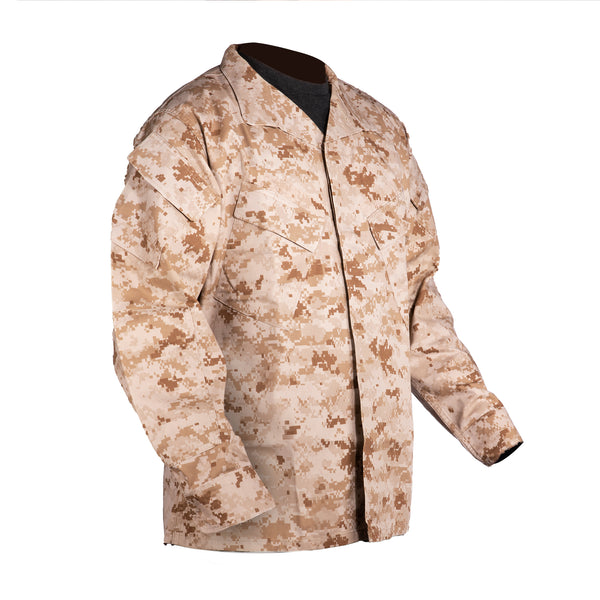 US Marine Corps Combat Utility Uniform (MCCUU) MARPAT Desert Camo Shirt with Insect Guard (Permethrin). Authentic Standard Issue MCCUU uniform currently worn by the USMC in Marine Pattern tan digi-cammies.  This shirt coat features an open collar, 5 front concealed buttons, double-layered reinforced elbows, 2 front chest & 2 shoulder flap pockets with button and hook & loop closures. Made in the USA.