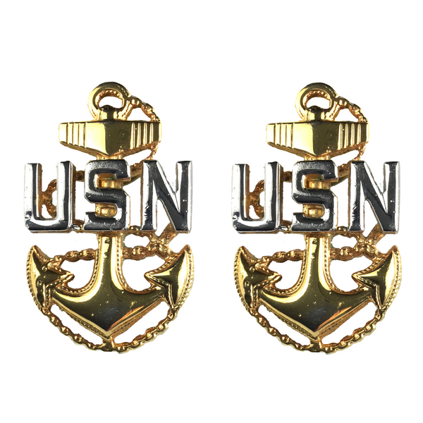 US NAVY Metal Coat Device for E-7 (CPO) Chief Petty Officer. Gold metal fouled anchor insignia with silver mirror finish USN.