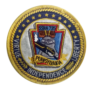 USN Military Submarine Patch: U.S.S. Pennsylvania SSBN 735 - Virtue, Independence, Liberty.  - Round embroidered patch - Measures: 5 x 5 inches - Embroidered twill; Merrowed edge - Colors: blue, yellow gold, red, gray & white - Authentic, Official US Military Patch - Condition: Good, pre-owned/gently used unless marked as NEW.