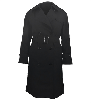 U.S. Navy & Army Women’s Black All Weather Coat with Belt. Female Trench worn with Service, Dress & Formal uniforms in inclement weather. Water-repellant rain jacket with double-breasted button closures, convertible collar that buttons at neck, gun flap, shoulder loops, back yoke/rain guard, buttoned sleeve cuffs, side welt pockets, and optional zip-out liner. Polyester Cotton Poplin Outer Shell; Nylon lining. Official USN Military issue. Made in the USA.
