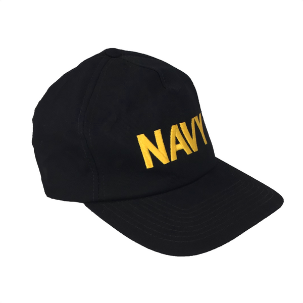 US Navy Embroidered baseball cap. Features yellow gold embroidered "NAVY" letters on a blue-black baseball/trucker-style cover. Wear with USN Coveralls or PT Uniform. - Authentic Military USN Certified Item - One size - adjustable snapback - Fabric: Dark Navy Blue/Black Cotton Twill - Made in the USA.