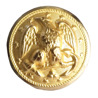 USN Gold Button - 35 Line size with Hopperback or Bodkin for Service Dress White Choker Coat, Dinner Dress & Service Dress Blue Jacket.  The Navy button design consists of an eagle rising, with its wings down.  The left foot is on the shank, the right foot on the stock of a plain Anchor, laid horizontally, and the Eagle's head faces its right.  The whole is surrounded by 13 five-pointed stars and a rope. 