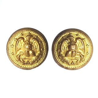 NAVY Screw on Gold Button for Dress Cap - Pair. US Navy Screw-Back Gold Replacement Buttons for Naval Officer/CPO Combination Dress Cap. The Navy button design consists of an eagle rising, with its wings down.  The left foot is on the shank, the right foot on the stock of a plain Anchor, laid horizontally, and the Eagle's head faces its right.  The whole is surrounded by 13 five-pointed stars and a rope. Measures: 5/8-inch diameter wide. Made in the USA.