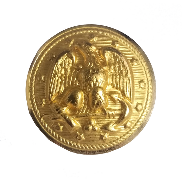 USN Gold Button - 40 Line size. Single button with hopperback sew-on or bodkin clip for Service Dress White Choker Jacket Chest Pocket. The Navy button design consists of an eagle rising, with its wings down. The left foot is on the shank, the right foot on the stock of a plain Anchor, laid horizontally, and the Eagle's head faces its right. The whole is surrounded by 13 five-pointed stars and a rope.