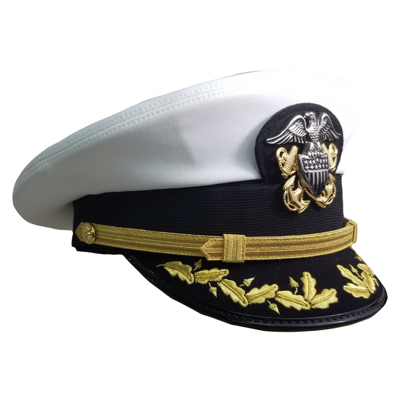 NAVY CAPT/CDR Combination Dress Cap - White CNT Cover. US NAVY CAPT/CDR Combination Dress Cap with White CNT Cover. Fully assembled hat Frame with with 1 row scrambled eggs on Poromeric Visor, Cover, Navy Officer Crest Hi-Relief Cap Device, Officer Cap Elastic Band Mount, USN Gold Screwcap Buttons, and Gold Mylar 1/2" Chinstrap. Navy approved wear with Dinner Dress, Full Dress, Service Khakis and Summer White Uniforms. Made in U.S.A.