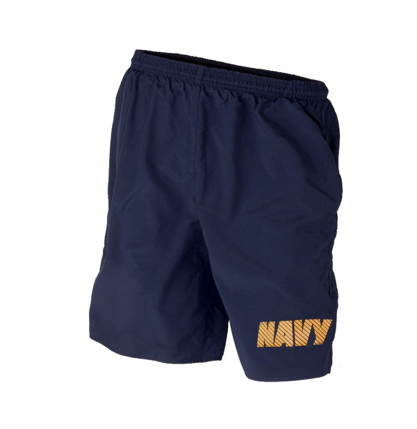 US NAVY Forged By The Sea High Performance Physical Training Shorts. This PTU Short features a quick dry, lightweight fabric with four-way stretch; reflective "NAVY" logo in yellow lettering on front left leg, elastic waist, adjustable drawstring, back zip pocket and side vents. Unisex sizing. Blue 84% Meryl Nylon, 16% Lycra; Soft microfiber fabric with moisture management. USN Certified. Made in the U.S.A.
