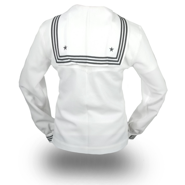 AS-IS Condition NAVY Women's Dress White Jumper Top. USN Female Service Dress White Jumper Top with Cuff Piping and Side Zipper. This jumper shirt features blue piping trim on the open neck with square sailor collar, two welt-style front chest pockets, and buttoned cuffs with navy blue piping trim. Features a hidden side zipper. White 100% Polyester CNT (Certified Navy Twill). Genuine Military-issue uniform; USN-Certified. Made in the U.S.A.