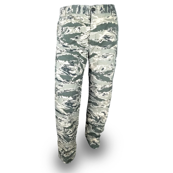  USAF Men ABU DTS Trousers. US Air Force Male Airman Battle Uniform Pants in Cotton-Nylon Twill or Ripstop. Part of USAF Airman Battle Uniform (ABU) formerly worn by United States Air Force Airmen from 2007-2021. This camo is also known as Digital Tiger Stripe. Features a Button-Fly, 2 Slash Front Pockets, 2 Button-Flap Back Pockets, and 2 Side Cargo Pockets on each leg. Camo colors tan, gray, sage green & slate blue. Genuine, Official Military USAF Airman Battle Uniform. Made in the U.S.A.