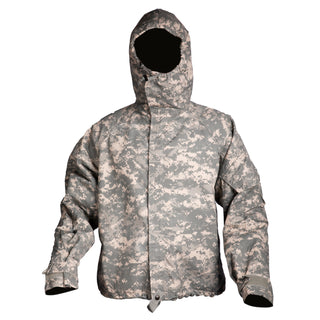 Army Combat Uniform (ACU) UCP Overgarment Chemical Protective NFR. Authentic Former Standard Issued ACU in gray-green Universal Camouflage Pattern (UCP). Zippered front with velcro closure running the length of the zipper. Sleeve pocket on left arm and toggle drawstrings on hood to close around the face, and at the base of the coat. This coat is designed to provide protection from the harmful effects of chemical agents and is non-flame resistant. Nylon Cotton Outershell. Made in the USA.