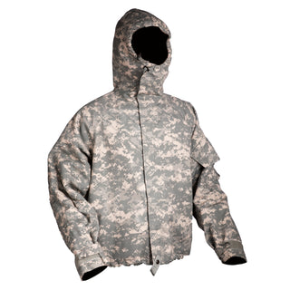 Army Combat Uniform (ACU) UCP Overgarment Chemical Protective NFR. Authentic Former Standard Issued ACU in gray-green Universal Camouflage Pattern (UCP). Zippered front with velcro closure running the length of the zipper. Sleeve pocket on left arm and toggle drawstrings on hood to close around the face, and at the base of the coat. This coat is designed to provide protection from the harmful effects of chemical agents and is non-flame resistant. Nylon Cotton Outershell. Made in the USA.