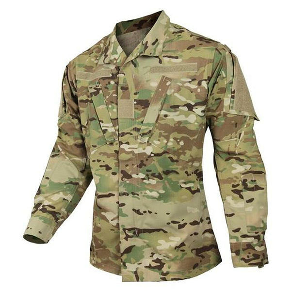 US ARMY Combat Uniform OCP Coat Shirt Scorpion W2 camo. Authentic military ACU item in Operational Camouflage Pattern is the current Uniform Army soldiers & USAF Airmen. Features a fold-down collar, concealed zip-front, front chest hook & loop pockets, zip sleeve pockets, and hook & loop areas on sleeves & front for velco tapes and badges. Genuine, official Military DLATS Army ACU OCP Coat. Green/Brown/Khaki Operational Camouflage Pattern Camo. Nylon Cotton Ripstop with permethrin. Made in U.S.A.