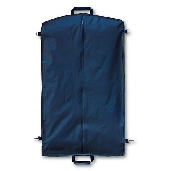 NAVY Garment Bag in Blue. Official US Navy blue garment bag with top hanger hole made of durable nylon. Features interior zip front, 2 exterior locking hook & clasp closure, 2 short handles with velcro closure. The side hooks allow this bag to be folded in half for easier transport. Fabric: Blue Nylon. USN-Certified.