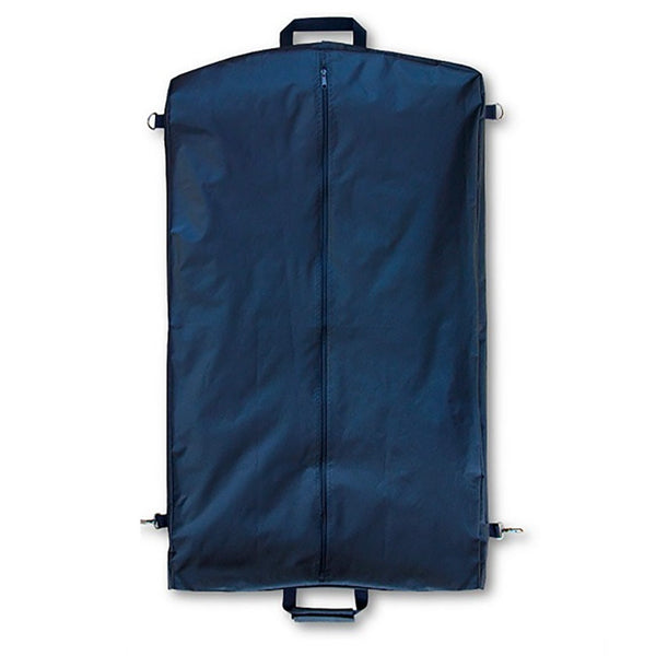 NAVY Garment Bag in Blue. Official US Navy blue garment bag with top hanger hole made of durable nylon. Features interior zip front, 2 exterior locking hook & clasp closure, 2 short handles with velcro closure. The side hooks allow this bag to be folded in half for easier transport. Fabric: Blue Nylon. USN-Certified.