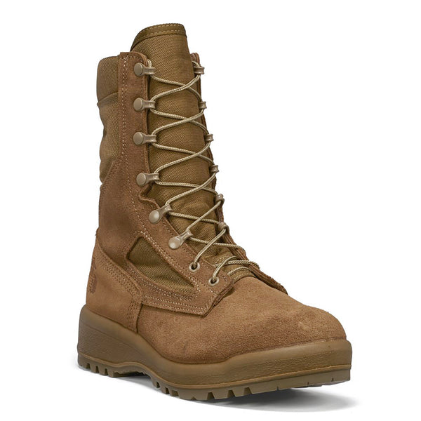 USMC Men's Coyote Hot Weather Steel Toe Boots by Belleville 550ST. US Marine Corps Certified boot with EGA emblem at heel. The suede leather & nylon fabric upper is built on the VANGUARD® cushioned shock-absorbing sole system platform. Features removable inserts, padded collar with standard speed lace eyelets & NATO hooks. The VIBRAM® Sierra outsole provides flexibility plus shock absorption, making these shoes great for hiking, or outdoor activities.