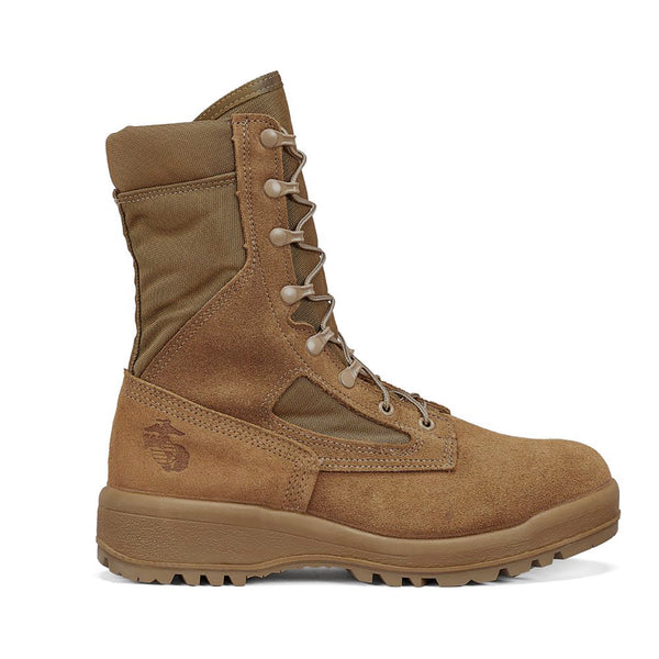 USMC Men's Coyote Hot Weather Steel Toe Boots by Belleville 550ST. US Marine Corps Certified boot with EGA emblem at heel. The suede leather & nylon fabric upper is built on the VANGUARD® cushioned shock-absorbing sole system platform. Features removable inserts, padded collar with standard speed lace eyelets & NATO hooks. The VIBRAM® Sierra outsole provides flexibility plus shock absorption, making these shoes great for hiking, or outdoor activities.
