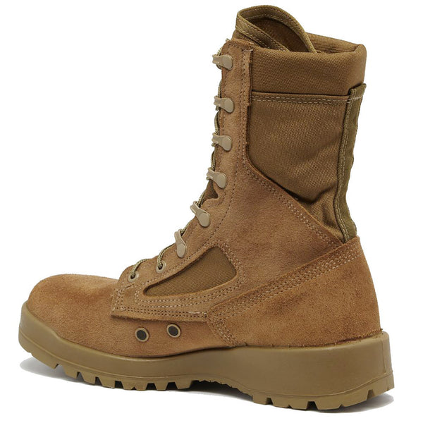 USMC Men's Coyote Hot Weather Steel Toe Boots by Belleville 550ST. US Marine Corps Certified boot with EGA emblem at heel. The suede leather & nylon fabric upper is built on the VANGUARD® cushioned shock-absorbing sole system platform. Features removable inserts, padded collar with standard speed lace eyelets & NATO hooks. The VIBRAM® Sierra outsole provides flexibility plus shock absorption, making these shoes great for hiking, or outdoor activities.