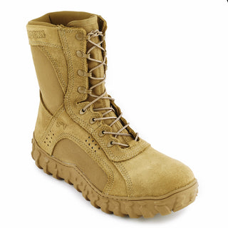Rocky S2V 6104 Men Coyote Brown Tactical Military Steel Toe Boots. Shoes durable, lightweight upper, fiberglass shank, S2V Sieve™ technology that circulates air in and water out. 8-inch Upper Water-resistant leather & FR CORDURA®. Berry Compliant, Vibram® soles. Made in the USA. Condition: Good pre-owned/gently used.