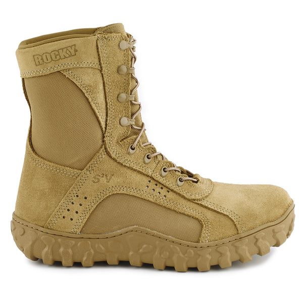 Rocky S2V 6104 Men Coyote Brown Tactical Military Steel Toe Boots. Shoes durable, lightweight upper, fiberglass shank, S2V Sieve™ technology that circulates air in and water out. 8-inch Upper Water-resistant leather & FR CORDURA®. Berry Compliant, Vibram® soles. Made in the USA. Condition: Good pre-owned/gently used.