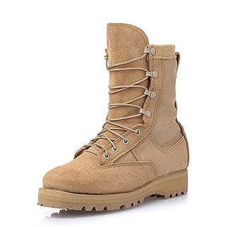 Men's Tan Suede Hot Weather Combat Boots - WELLCO 209912. Military Desert Tan Hot Temperate Weather Combat Boots with composite toe made by Wellco, style#209912. Height: 8-inches (Standard Military Height). Desert Tan/Sand/Beige 100% Full-Grain Cowhide Suede Leather & Nylon Fabric; water-proof lining. Outsole: 100% rubber VIBRAM®. Made in the USA.